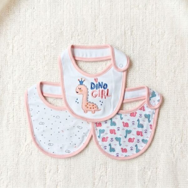 Luxury 3-Piece Baby Bib Set – Pink "Dino Girl" & Starry Night