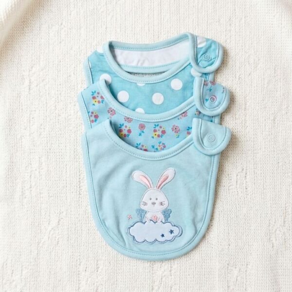 Luxury 3-Piece Baby Bib Set – Sky Blue Bunny & Floral