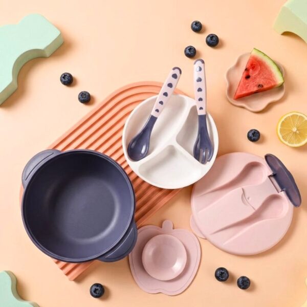 Mess-Free Baby Feeding Set – Dusty Pink & Grey
