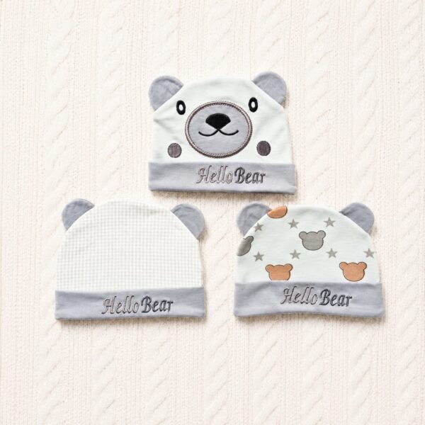 Pack of 3 Baby Caps - Hello Bear - Grey
