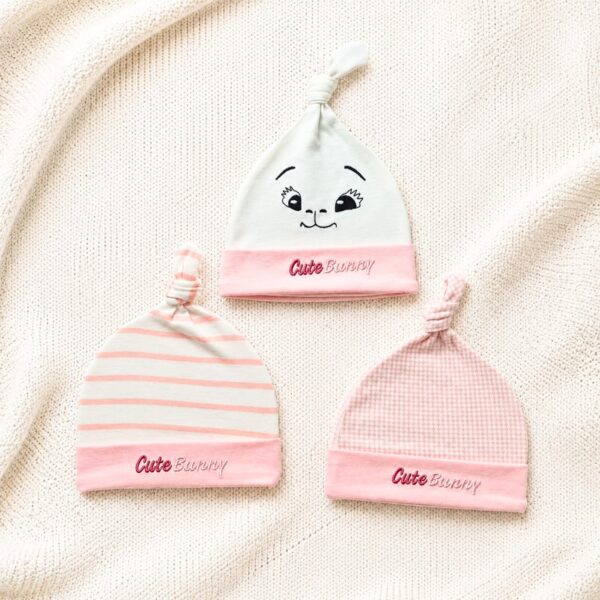 Pack of 3 Baby Caps - Top Knot - Pink