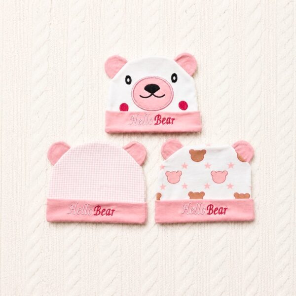 Pack of 3 Baby Caps - Hello Bear - Pink