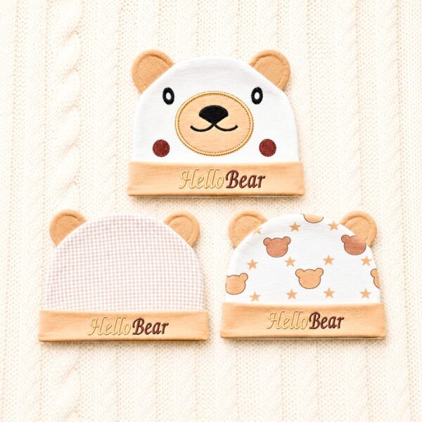 Pack of 3 Baby Caps - Hello Bear - Brown