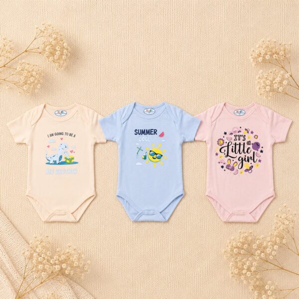 3 Pcs Baby Short Sleeve Romper Set – Cute Graphic Prints