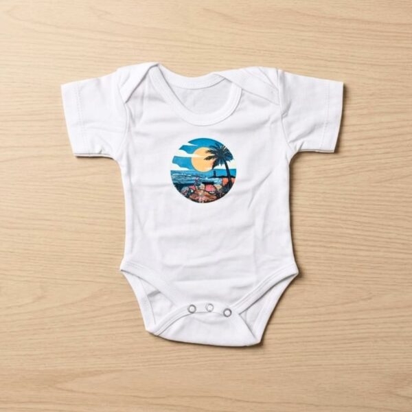 Tropical Beach Circular Sunset White Baby Romper