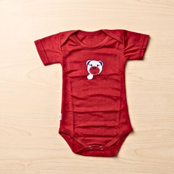 Cute Bear Face Embroidered Baby Bodysuit Maroon