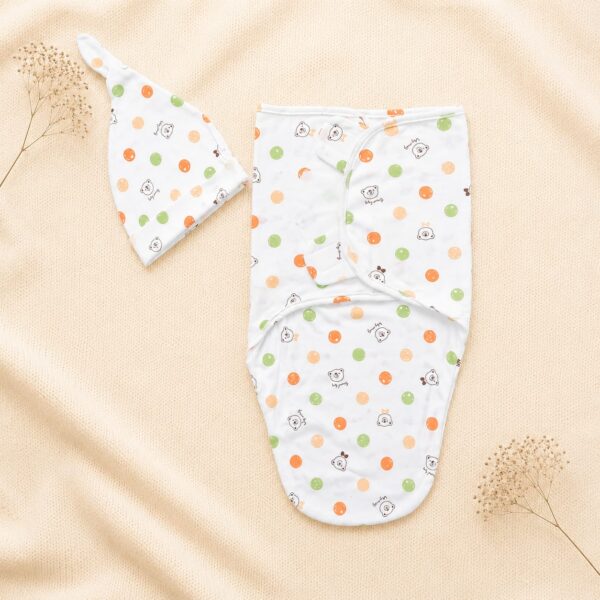 Baby Swaddle and Matching Cap Set – Cute Polka Dot Bear Print