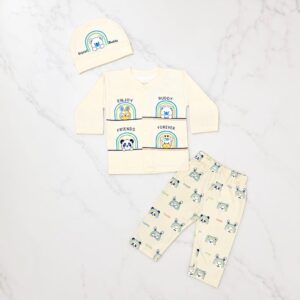 3 Pcs Animal Friends & Rainbow Baby Suit Set - Cream