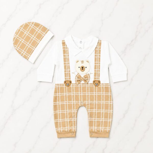 Baby Teddy Bear Grid Suspender Romper & Cap 2 Pcs Set - Beige