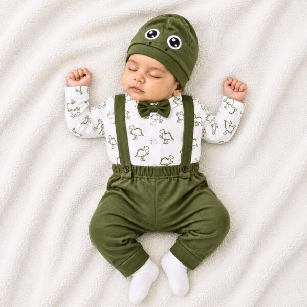 Baby Dinosaur Suspender Romper Set with Hat - 3 Pcs