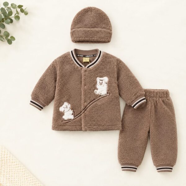 3 Pcs Cute Sledding Bear Fleece Baby 3-Piece Winter Suit - 0124
